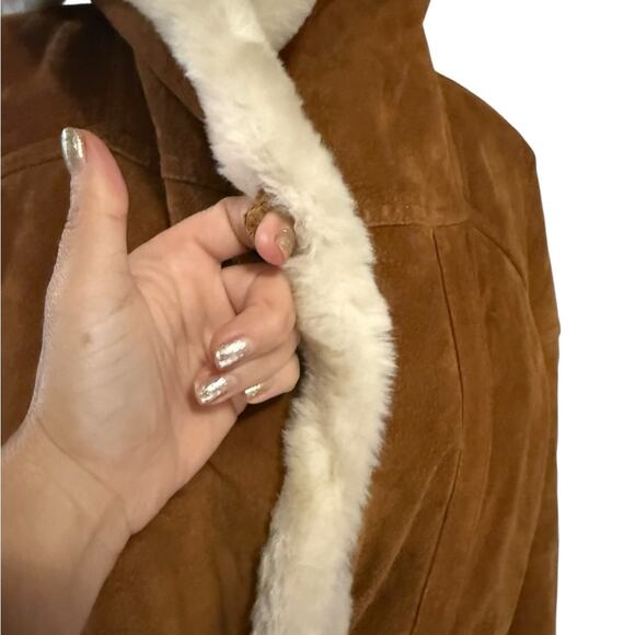 Y2K Brown Suede Fur Trim Lined Oversized Hooded Coat Womens Size XS Boho 70s - Picture 10 of 10